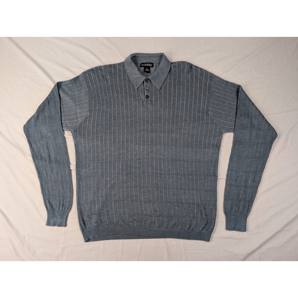 Anthology Men Blue Silk Polo Sweater Check Pattern Long Sleeve Large Pullover